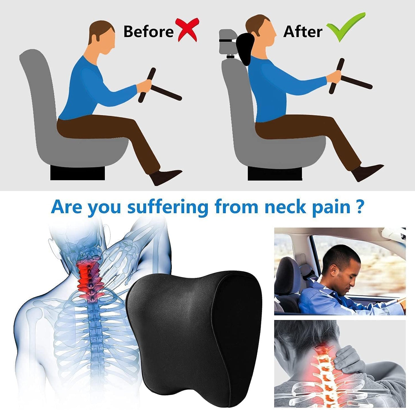Womdee Car Neck Pillow - Headrest for Office and Gaming Chair - Soft Memory Foam Orthopedic Cushion - Chair Attachment for Neck Support - Ideal Head Neck Rest Pillow for Home Office and Driving