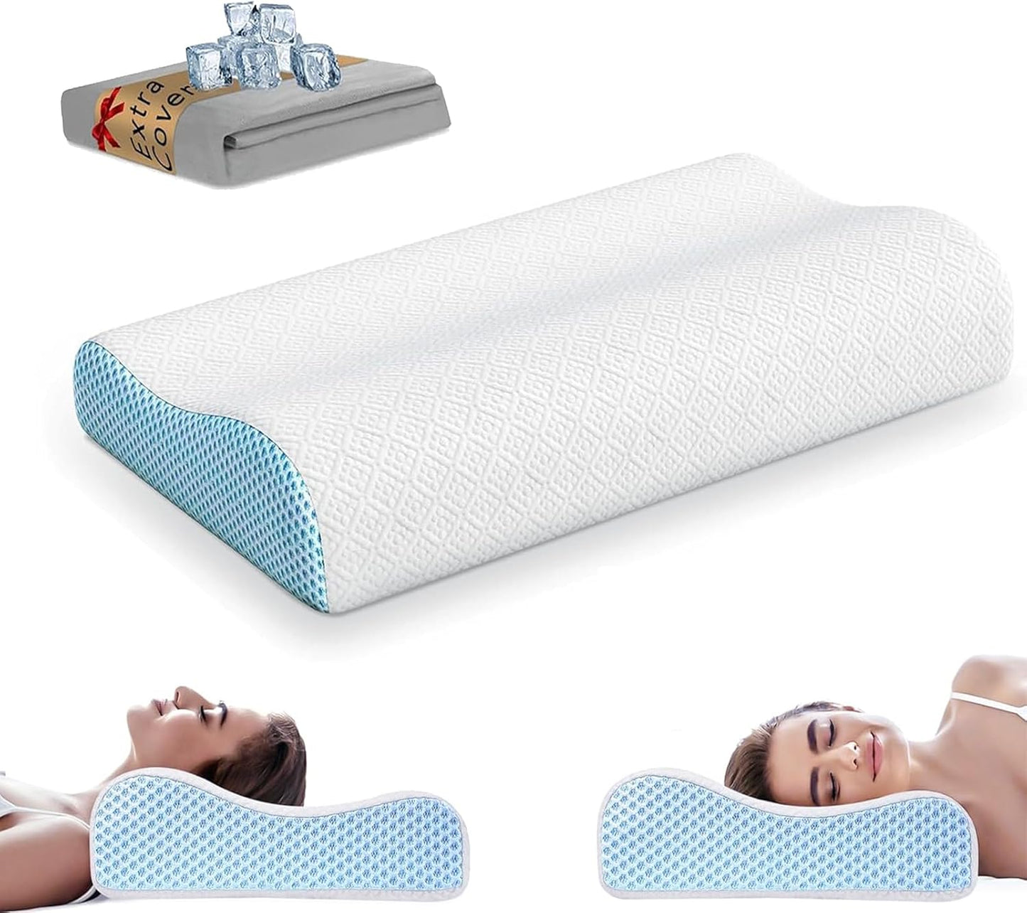 Womdee Memory Foam Cervical Pillow for Neck Pain Relief with Replacement Ice Silk Pillowcase, Cooling Ice Silk Bed Pillow, Ergonomic Orthopedic Contour Support Pillow for Stomach Side & Back Sleepers