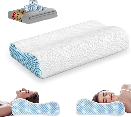 Womdee Memory Foam Cervical Pillow for Neck Pain Relief with Replacement Ice Silk Pillowcase, Cooling Ice Silk Bed Pillow, Ergonomic Orthopedic Contour Support Pillow for Stomach Side & Back Sleepers