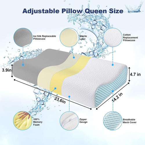 Womdee Memory Foam Cervical Pillow for Neck Pain Relief with Replacement Ice Silk Pillowcase, Cooling Ice Silk Bed Pillow, Ergonomic Orthopedic Contour Support Pillow for Stomach Side & Back Sleepers