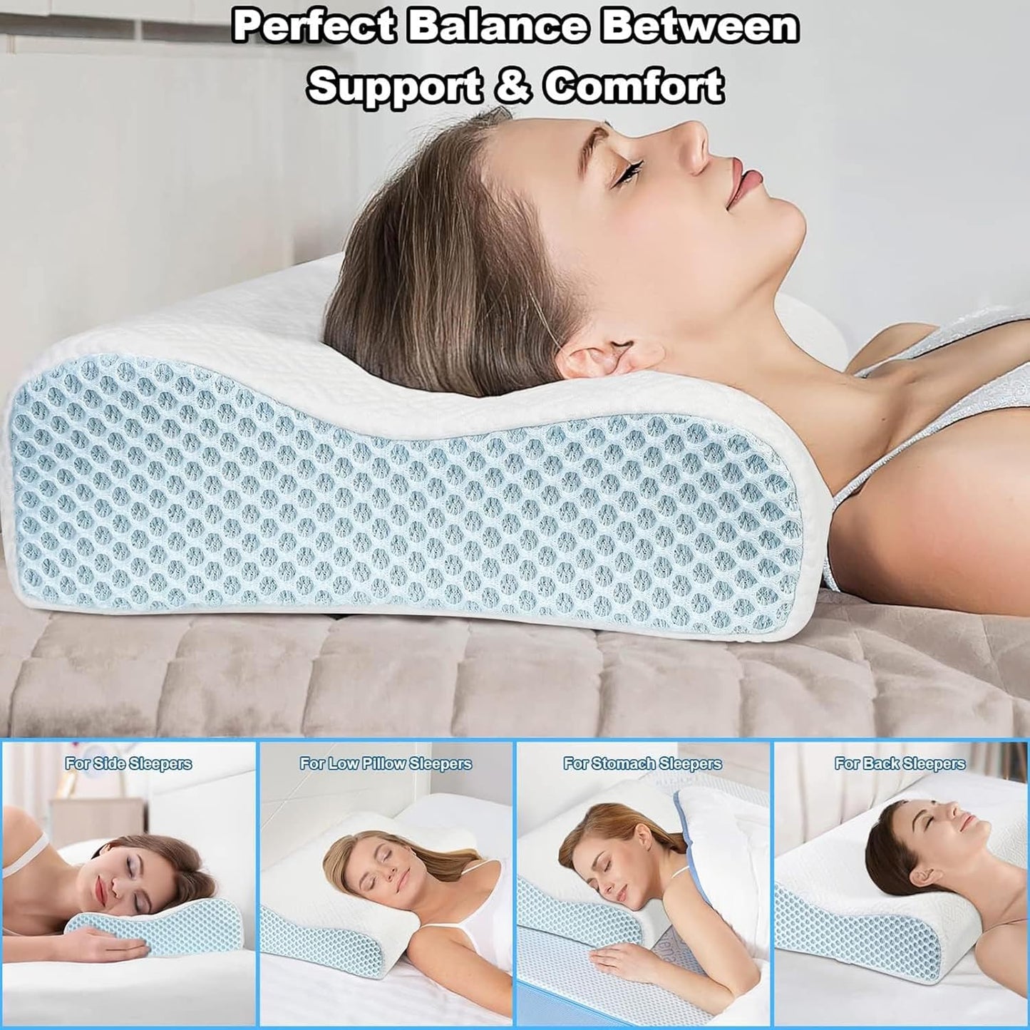 Womdee Memory Foam Cervical Pillow for Neck Pain Relief with Replacement Ice Silk Pillowcase, Cooling Ice Silk Bed Pillow, Ergonomic Orthopedic Contour Support Pillow for Stomach Side & Back Sleepers
