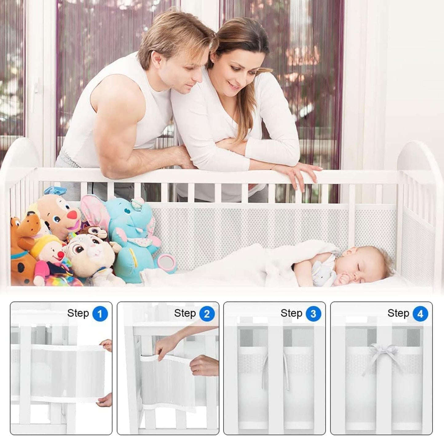 Breathable Baby Mesh Crib Liner, Womdee Cot Bumper For Boys Girls Airflow Safe 3D Fresh Breathing Bedding All Season,2Pcs Liner Set. (Blue)